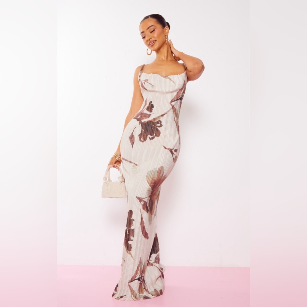 Petite Brown Floral Printed Plisse Cowl Maxi Dress